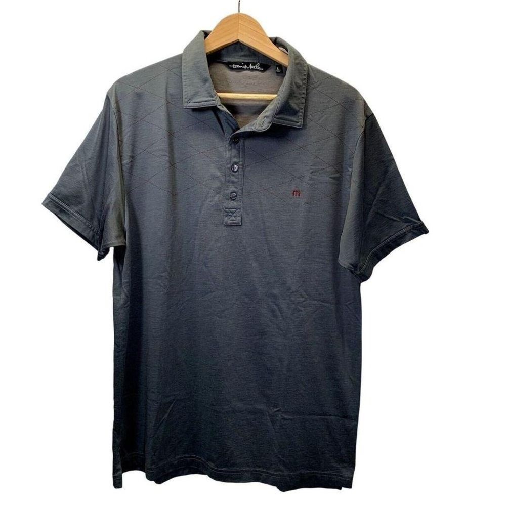 Travis Mathew Polo Shirt Mens L Gray Argyle Red Lines Golf Pima Cotton Blend